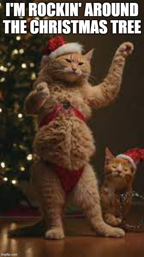 memes by Brad - My cat is Rockin' Around the Christmas tree. | I'M ROCKIN' AROUND THE CHRISTMAS TREE | image tagged in cats,kittens,rock and roll,christmas,dancing,christmas tree | made w/ Imgflip meme maker