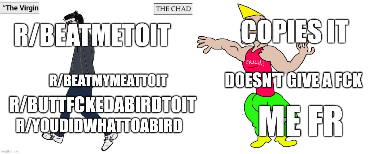 Virgin and Chad | COPIES IT; R/BEATMETOIT; DOESN'T GIVE A FCK; R/BEATMYMEATTOIT; R/BUTTFCKEDABIRDTOIT; ME FR; R/YOUDIDWHATTOABIRD | image tagged in virgin and chad | made w/ Imgflip meme maker