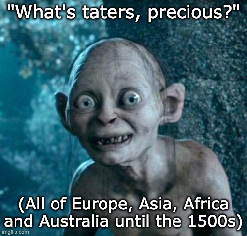 Serious candidate for Best Carb | "What's taters, precious?"; (All of Europe, Asia, Africa and Australia until the 1500s) | image tagged in golum,lotr,lord of the rings,potato,food,history | made w/ Imgflip meme maker