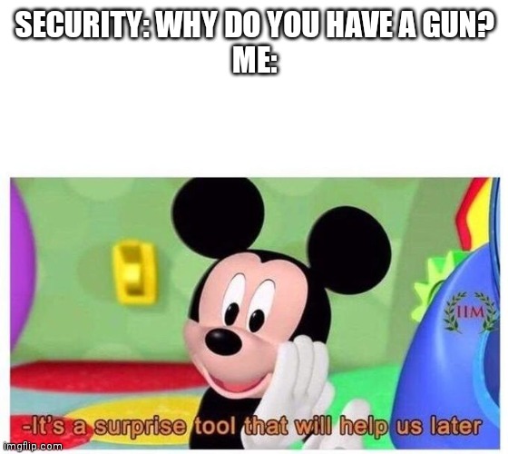 It's a surprise tool that will help us later | SECURITY: WHY DO YOU HAVE A GUN?
ME: | image tagged in it's a surprise tool that will help us later | made w/ Imgflip meme maker