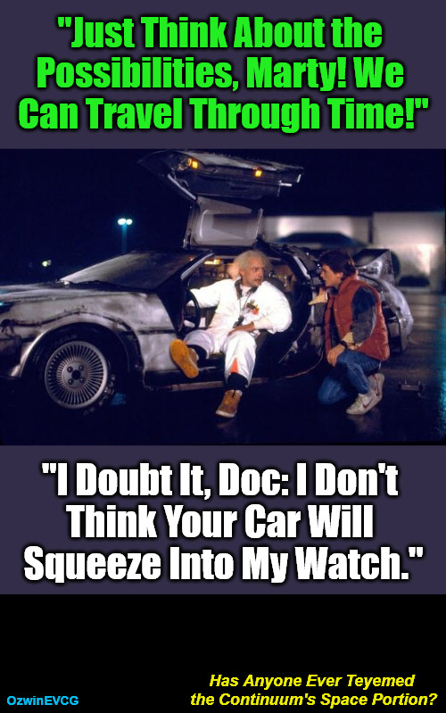 Has...Portion? | "Just Think About the 

Possibilities, Marty! We 

Can Travel Through Time!"; "I Doubt It, Doc: I Don't 

Think Your Car Will 

Squeeze Into My Watch."; Has Anyone Ever Teyemed 

the Continuum's Space Portion? OzwinEVCG | image tagged in back to the future,time travel,civilized discussion,say what,real talk,physics | made w/ Imgflip meme maker