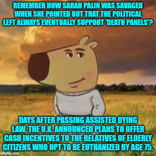 Is anyone surprised?  This has ALWAYS been the leftist plan. | REMEMBER HOW SARAH PALIN WAS SAVAGED WHEN SHE POINTED OUT THAT THE POLITICAL LEFT ALWAYS EVENTUALLY SUPPORT 'DEATH PANELS'? DAYS AFTER PASSING ASSISTED DYING LAW, THE U.K. ANNOUNCED PLANS TO OFFER CASH INCENTIVES TO THE RELATIVES OF ELDERLY CITIZENS WHO OPT TO BE EUTHANIZED BY AGE 75. | image tagged in yep | made w/ Imgflip meme maker