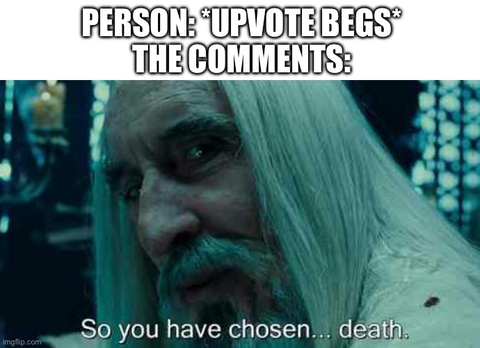 Die | PERSON: *UPVOTE BEGS*
THE COMMENTS: | image tagged in so you have chosen death,memes,imgflip,imgflip community,upvote beggars | made w/ Imgflip meme maker