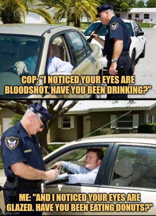 A Thin Blue Line | COP: "I NOTICED YOUR EYES ARE BLOODSHOT. HAVE YOU BEEN DRINKING?"; ME: "AND I NOTICED YOUR EYES ARE GLAZED. HAVE YOU BEEN EATING DONUTS?" | image tagged in pulled over - 2 panels,memes,cops,picture punches,police | made w/ Imgflip meme maker