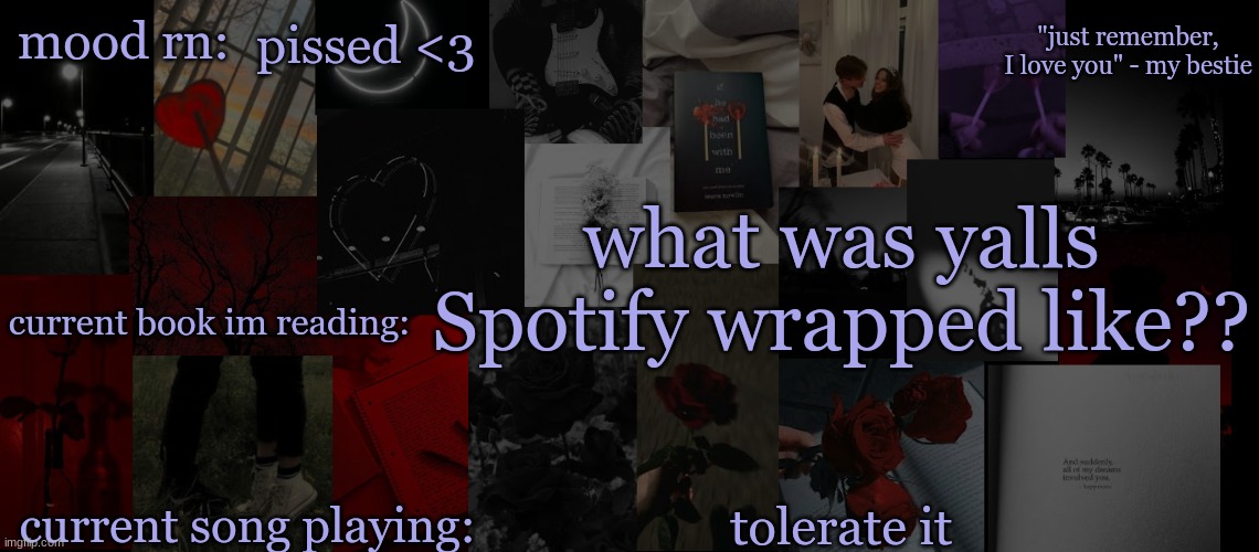 ??????????????/ | pissed <3; what was yalls Spotify wrapped like?? tolerate it | image tagged in eek_ temp 3 | made w/ Imgflip meme maker