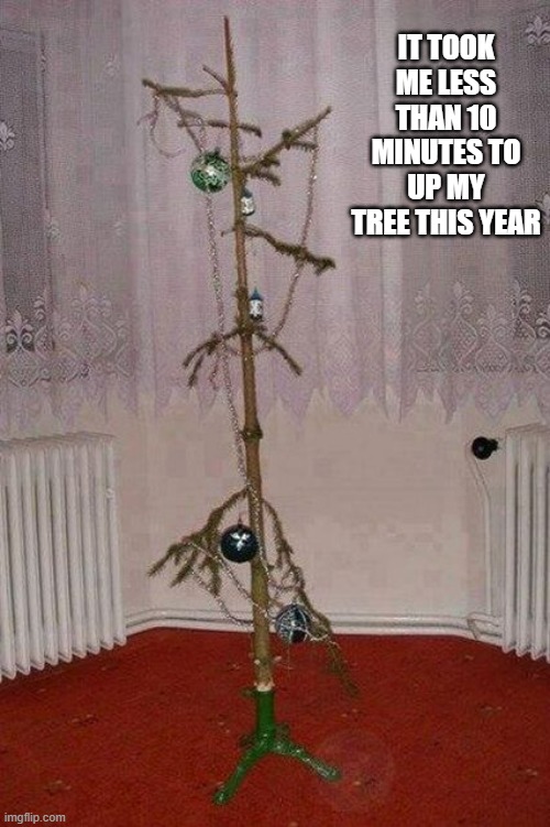 memes by Brad - It took me less than 10 minutes to put up my Christmas tree | IT TOOK ME LESS THAN 10 MINUTES TO UP MY TREE THIS YEAR | image tagged in funny,christmas tree,christmas,christmas decorations,humor,merry christmas | made w/ Imgflip meme maker