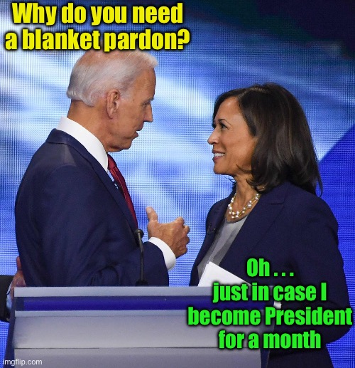 Her last chance to be president | Why do you need a blanket pardon? Oh . . . just in case I become President for a month | image tagged in biden and kamala | made w/ Imgflip meme maker