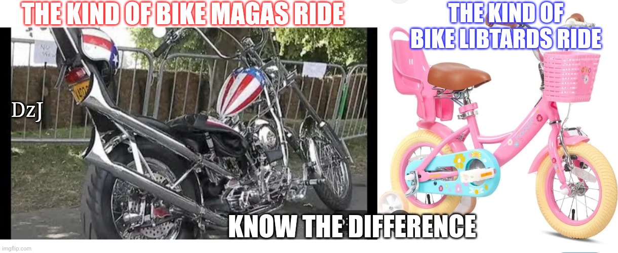 Are You A Beta-Soyboy? | THE KIND OF BIKE MAGAS RIDE; THE KIND OF BIKE LIBTARDS RIDE; DzJ; KNOW THE DIFFERENCE | image tagged in libtard,snowflakes,beta,soyboy vs yes chad,loser,cucks | made w/ Imgflip meme maker