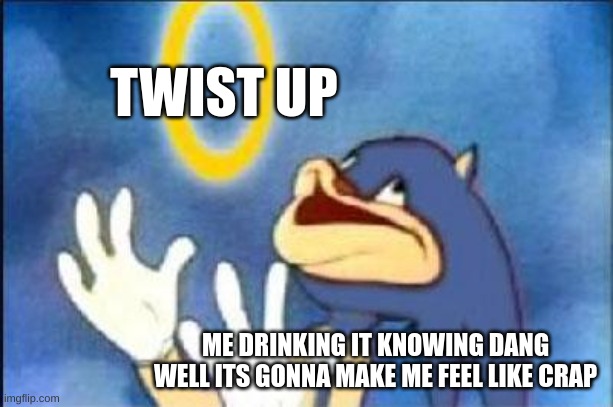 Twist up really does twist your stomach. | TWIST UP; ME DRINKING IT KNOWING DANG WELL ITS GONNA MAKE ME FEEL LIKE CRAP | image tagged in sonic derp,twist up,sooda,you have been eternally cursed for reading the tags | made w/ Imgflip meme maker