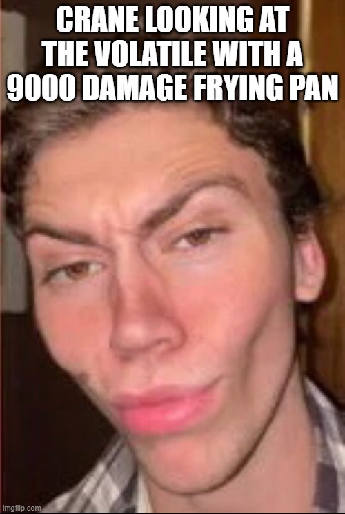 My name is Skyler White yo | CRANE LOOKING AT THE VOLATILE WITH A 9000 DAMAGE FRYING PAN | image tagged in my name is skyler white yo | made w/ Imgflip meme maker