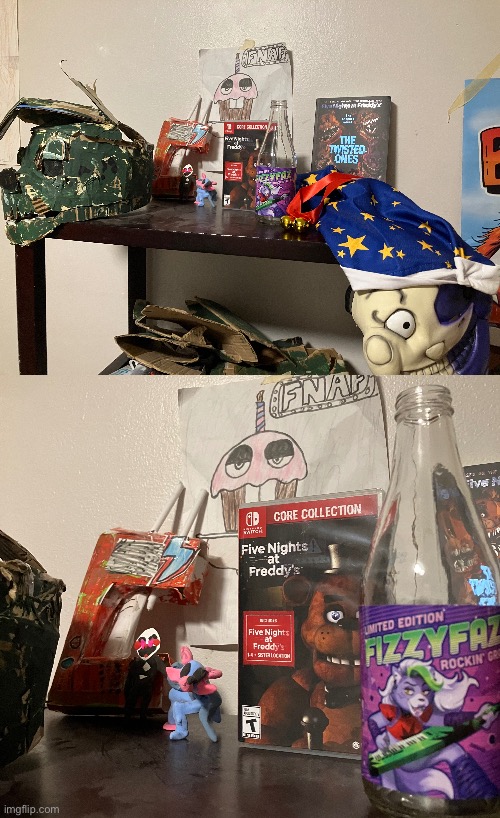 MY ENTIRE FNAF MERCH COLLECTION (anything that looks homemade is) just got the Roxy cola | image tagged in fnaf | made w/ Imgflip meme maker