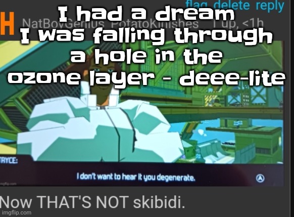 Now that's NOT skibidi | I had a dream I was falling through a hole in the ozone layer - deee-lite | image tagged in now that's not skibidi | made w/ Imgflip meme maker