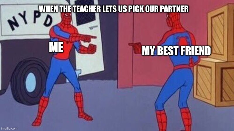 spiderman pointing at spiderman | WHEN THE TEACHER LETS US PICK OUR PARTNER; ME; MY BEST FRIEND | image tagged in spiderman pointing at spiderman | made w/ Imgflip meme maker