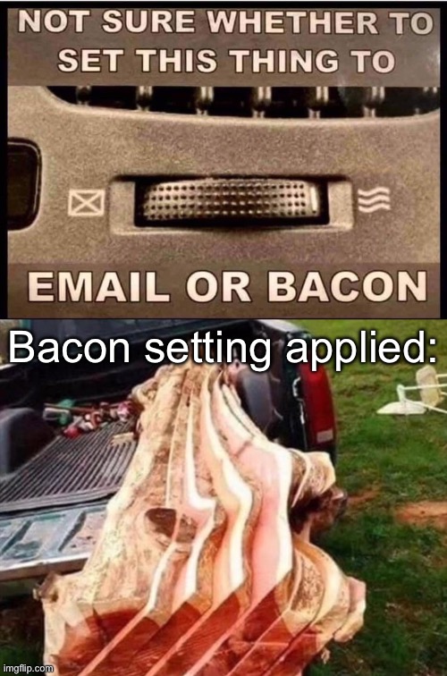 Bacon setting | Bacon setting applied: | image tagged in car,air conditioner,button,bacon,email | made w/ Imgflip meme maker