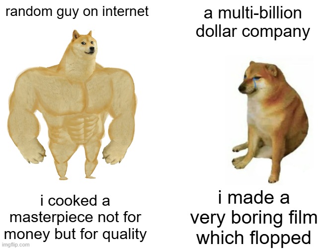 lol | random guy on internet; a multi-billion dollar company; i cooked a masterpiece not for money but for quality; i made a very boring film which flopped | image tagged in memes,buff doge vs cheems | made w/ Imgflip meme maker