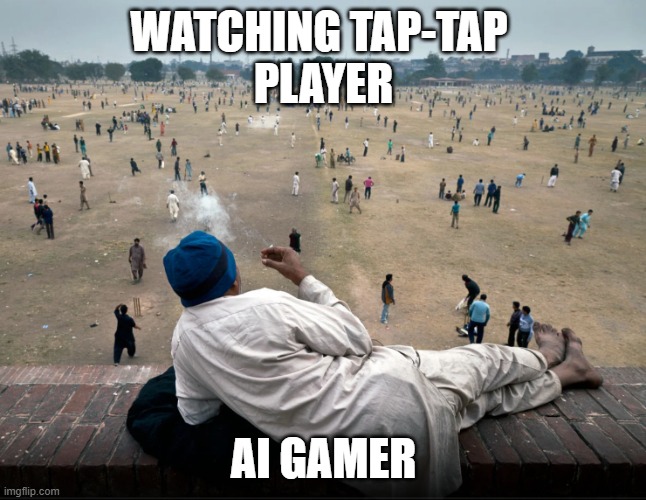 watching crowd | WATCHING TAP-TAP 
PLAYER; AI GAMER | image tagged in indian guy watching crowd | made w/ Imgflip meme maker