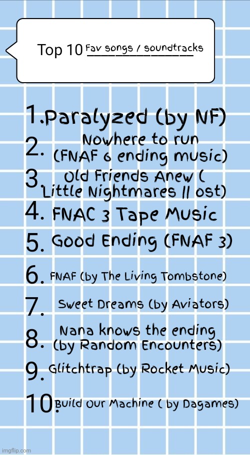 Top 10.... | Fav songs / soundtracks; Paralyzed (by NF); Nowhere to run (FNAF 6 ending music); Old Friends Anew ( Little Nightmares || ost); FNAC 3 Tape Music; Good Ending (FNAF 3); FNAF (by The Living Tombstone); Sweet Dreams (by Aviators); Nana knows the ending (by Random Encounters); Glitchtrap (by Rocket Music); Build Our Machine ( by Dagames) | image tagged in top 10 | made w/ Imgflip meme maker