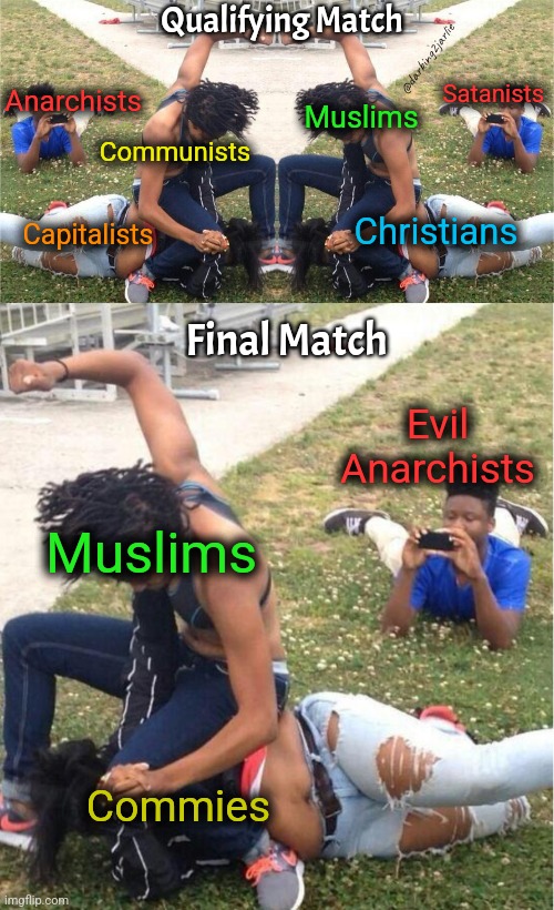 Religion of Peace. Wins | Qualifying Match; @darking2jarlie; Anarchists; Satanists; Communists; Muslims; Christians; Capitalists; Final Match; Evil Anarchists; Muslims; Commies | image tagged in guy recording a fight,communism,islam,christianity,religion of peace,capitalism | made w/ Imgflip meme maker