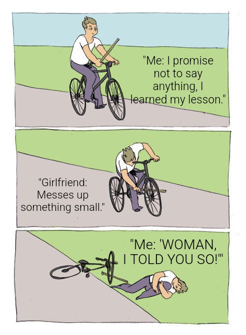 I TOLD YOU SO! | "Me: I promise not to say anything, I learned my lesson."; "Girlfriend: Messes up something small."; "Me: 'WOMAN, I TOLD YOU SO!'" | image tagged in memes,bike fall,funny,funny memes,fun,woman | made w/ Imgflip meme maker