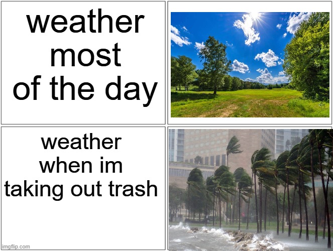 it always gets so windy | weather most of the day; weather when im taking out trash | image tagged in memes,blank comic panel 2x2,relatable,relatable memes | made w/ Imgflip meme maker