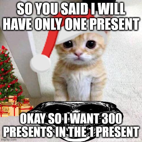 SO YOU SAID I WILL HAVE ONLY ONE PRESENT; OKAY SO I WANT 300 PRESENTS IN THE 1 PRESENT | image tagged in cat,funny cats,christmas,merry christmas | made w/ Imgflip meme maker