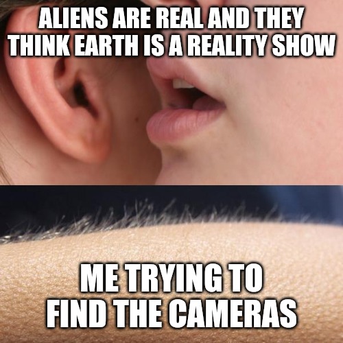 They are here... | ALIENS ARE REAL AND THEY THINK EARTH IS A REALITY SHOW; ME TRYING TO FIND THE CAMERAS | image tagged in whisper and goosebumps,funny,funny memes,fun,aliens | made w/ Imgflip meme maker