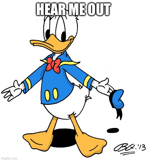 donald duck shrugs | HEAR ME OUT | image tagged in donald duck shrugs | made w/ Imgflip meme maker