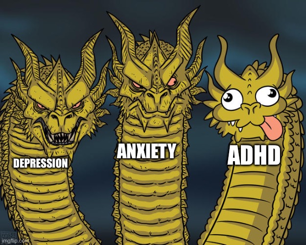 Three-headed Dragon | ANXIETY; ADHD; DEPRESSION | image tagged in three-headed dragon | made w/ Imgflip meme maker