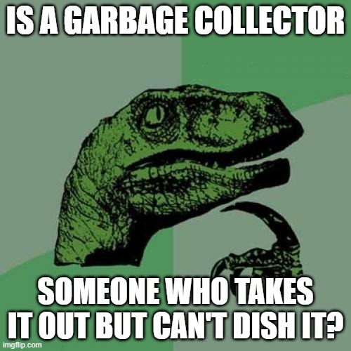 Philosoraptor | IS A GARBAGE COLLECTOR; SOMEONE WHO TAKES IT OUT BUT CAN'T DISH IT? | image tagged in memes,philosoraptor,garbage | made w/ Imgflip meme maker