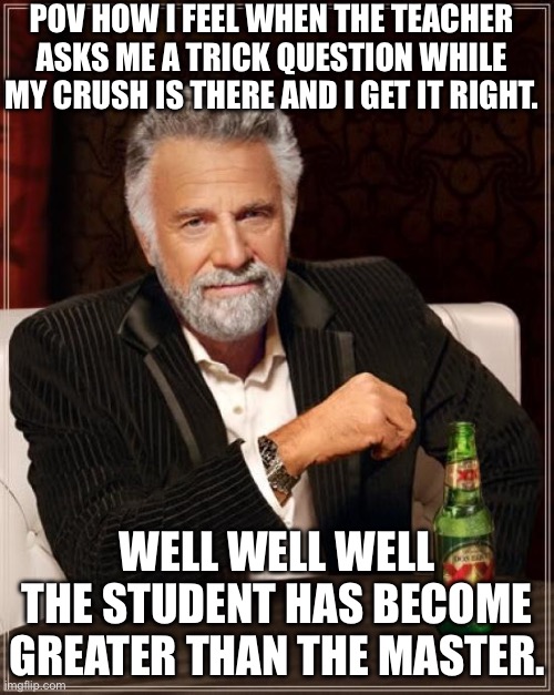 This is so relatable for me! | POV HOW I FEEL WHEN THE TEACHER ASKS ME A TRICK QUESTION WHILE MY CRUSH IS THERE AND I GET IT RIGHT. WELL WELL WELL THE STUDENT HAS BECOME GREATER THAN THE MASTER. | image tagged in memes,the most interesting man in the world | made w/ Imgflip meme maker