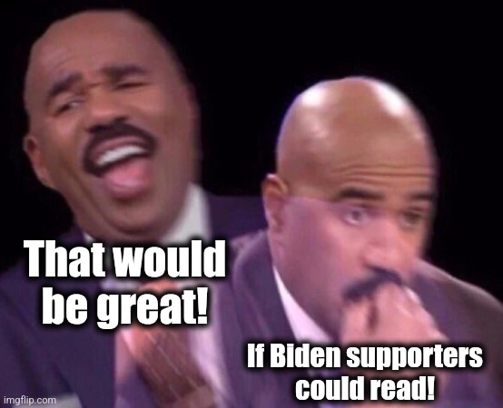 Steve Harvey Laughing Serious | That would
be great! If Biden supporters
could read! | image tagged in steve harvey laughing serious | made w/ Imgflip meme maker