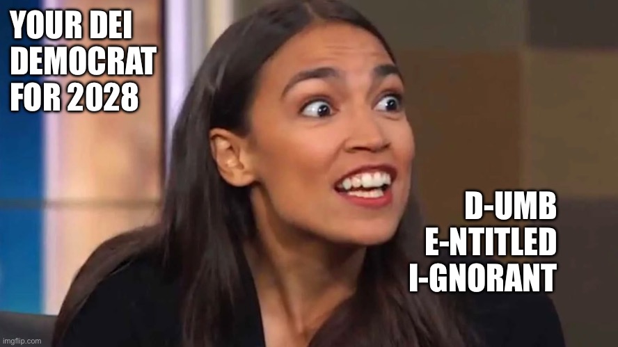 Aov | YOUR DEI
DEMOCRAT
FOR 2028; D-UMB
E-NTITLED
I-GNORANT | image tagged in crazy aoc | made w/ Imgflip meme maker