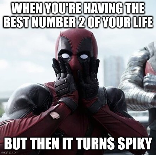 Worst Feeling Ever: | WHEN YOU'RE HAVING THE BEST NUMBER 2 OF YOUR LIFE; BUT THEN IT TURNS SPIKY | image tagged in memes,deadpool surprised | made w/ Imgflip meme maker