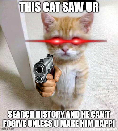 sin | THIS CAT SAW UR; SEARCH HISTORY AND HE CAN'T FOGIVE UNLESS U MAKE HIM HAPPI | image tagged in memes,cute cat | made w/ Imgflip meme maker