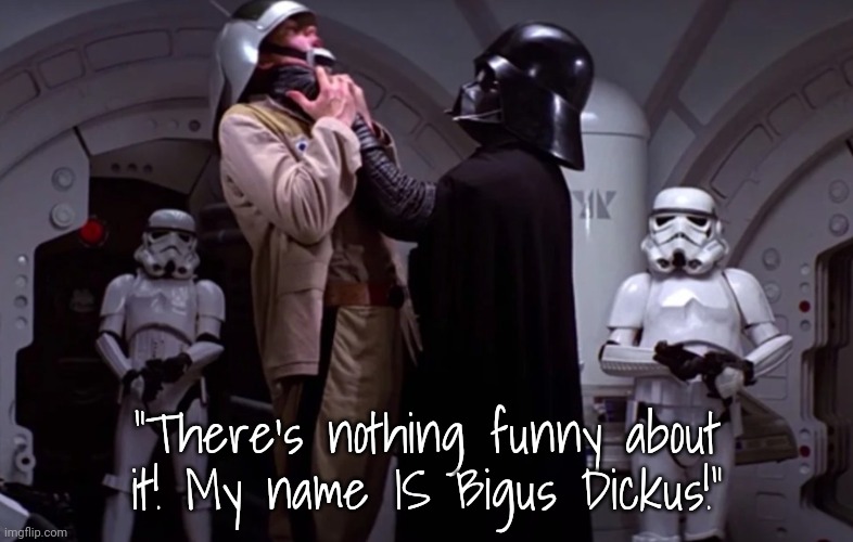 When Star Wars is Dubbed Over By Monte Python | "There's nothing funny about it! My name IS Bigus Dickus!" | image tagged in star wars,monty python and the holy grail | made w/ Imgflip meme maker