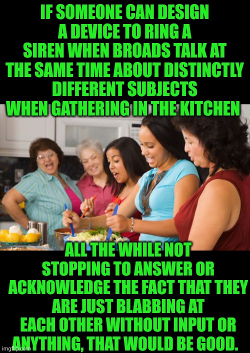 Funny | IF SOMEONE CAN DESIGN A DEVICE TO RING A SIREN WHEN BROADS TALK AT THE SAME TIME ABOUT DISTINCTLY DIFFERENT SUBJECTS WHEN GATHERING IN THE KITCHEN; ALL THE WHILE NOT STOPPING TO ANSWER OR ACKNOWLEDGE THE FACT THAT THEY ARE JUST BLABBING AT EACH OTHER WITHOUT INPUT OR ANYTHING, THAT WOULD BE GOOD. | image tagged in funny,blah blah blah,kitchen,mind blown,women,wtf | made w/ Imgflip meme maker