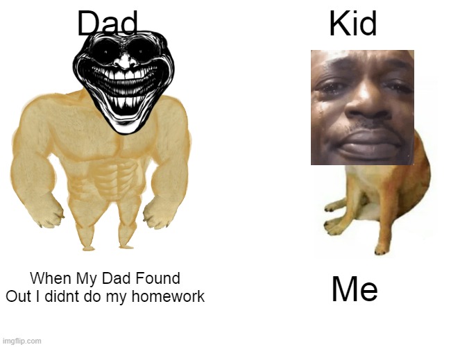 Homeworks | Dad; Kid; When My Dad Found Out I didnt do my homework; Me | image tagged in memes,buff doge vs cheems,homework,dad,school | made w/ Imgflip meme maker