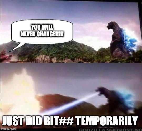 change temporary | YOU WILL NEVER CHANGE!!!!! JUST DID BIT## TEMPORARILY | image tagged in godzilla hates x | made w/ Imgflip meme maker