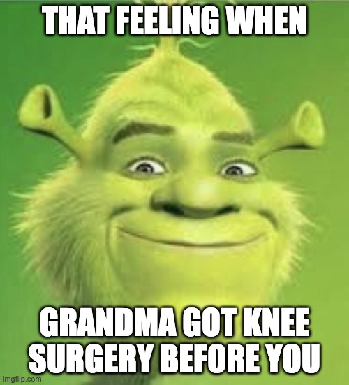 mine did... | THAT FEELING WHEN; GRANDMA GOT KNEE SURGERY BEFORE YOU | image tagged in grinch x shrek,memes,funny,blue grinch,grinch,knee surgery | made w/ Imgflip meme maker