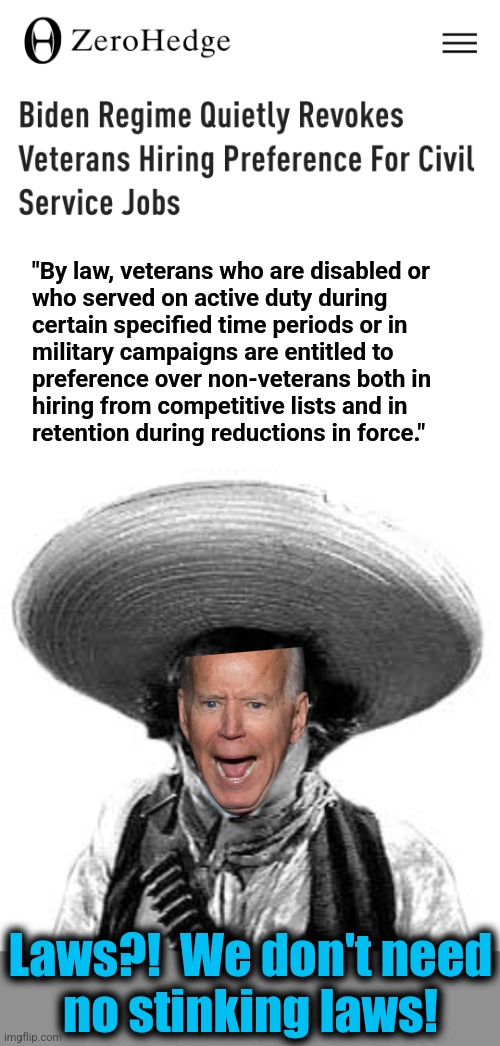 Above the law, yet again: the federal workforce is being packed with people thought to be the most subversive | "By law, veterans who are disabled or
who served on active duty during
certain specified time periods or in
military campaigns are entitled to
preference over non-veterans both in
hiring from competitive lists and in
retention during reductions in force."; Laws?!  We don't need
no stinking laws! | image tagged in badges we dont need no stinking badges,veterans,above the law,joe biden,democrats,subversion | made w/ Imgflip meme maker