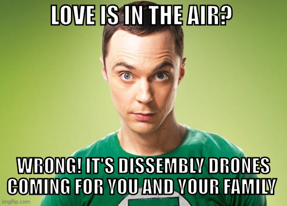 Wrong! | LOVE IS IN THE AIR? WRONG! IT'S DISSEMBLY DRONES COMING FOR YOU AND YOUR FAMILY | image tagged in sheldon cooper | made w/ Imgflip meme maker