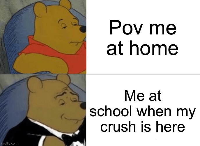 Ahhhhh the fresh air of crushes! | Pov me at home; Me at school when my crush is here | image tagged in memes,tuxedo winnie the pooh | made w/ Imgflip meme maker