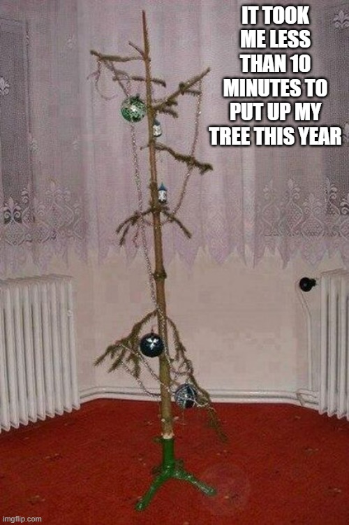 memes by Brad - Christmas tip: Put your tree up in less than 10 minutes. | IT TOOK ME LESS THAN 10 MINUTES TO PUT UP MY TREE THIS YEAR | image tagged in funny,fun,christmas tree,ugly,merry christmas,santa claus | made w/ Imgflip meme maker