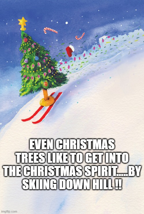 memes by Brad - A Christmas Tree is snow skiing in the spirit of Christmas | EVEN CHRISTMAS TREES LIKE TO GET INTO THE CHRISTMAS SPIRIT.....BY SKIING DOWN HILL !! | image tagged in funny,skiing,christmas tree,sports,snow,santa claus | made w/ Imgflip meme maker