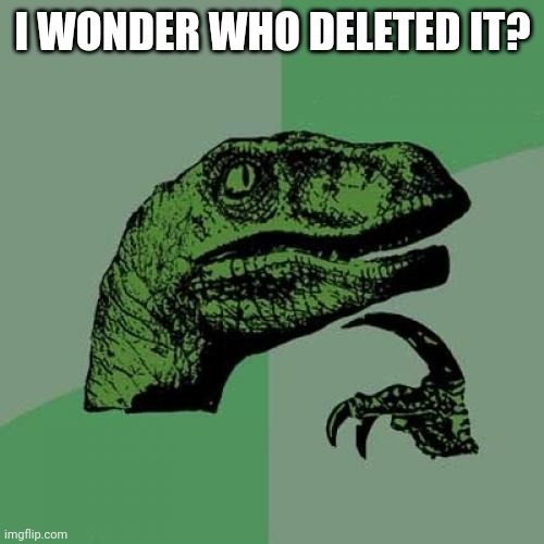 Philosoraptor Meme | I WONDER WHO DELETED IT? | image tagged in memes,philosoraptor | made w/ Imgflip meme maker