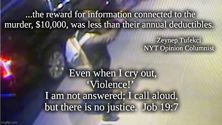 Violence or Justice | ...the reward for information connected to the murder, $10,000, was less than their annual deductibles. Zeynep Tufekci
NYT Opinion Columnist; Even when I cry out, ‘Violence!’ 
I am not answered; I call aloud,
 but there is no justice.  Job 19:7 | image tagged in ceo murder vs deductibles,justice/violence | made w/ Imgflip meme maker