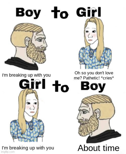 True? | Oh so you don't love me? Pathetic! *cries*; I'm breaking up with you; I'm breaking up with you; About time | image tagged in boys to girls vs girls to boys,boys vs girls | made w/ Imgflip meme maker