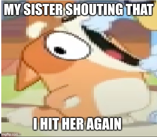 *some amazing title* | MY SISTER SHOUTING THAT; I HIT HER AGAIN | image tagged in bingo shouting,siblings | made w/ Imgflip meme maker