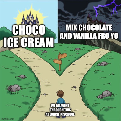 6 year old me be like | MIX CHOCOLATE AND VANILLA FRO YO; CHOCO ICE CREAM; WE ALL WENT  THROUGH THIS AT LUNCH IN SCHOOL | image tagged in two paths | made w/ Imgflip meme maker