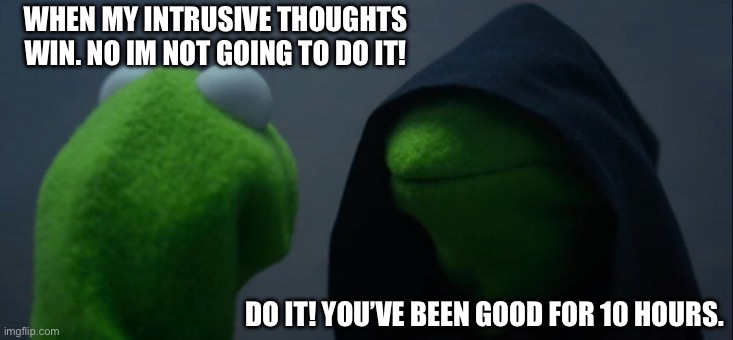 I just couldn’t help it I kicked the dog! | WHEN MY INTRUSIVE THOUGHTS WIN. NO IM NOT GOING TO DO IT! DO IT! YOU’VE BEEN GOOD FOR 10 HOURS. | image tagged in memes,evil kermit | made w/ Imgflip meme maker